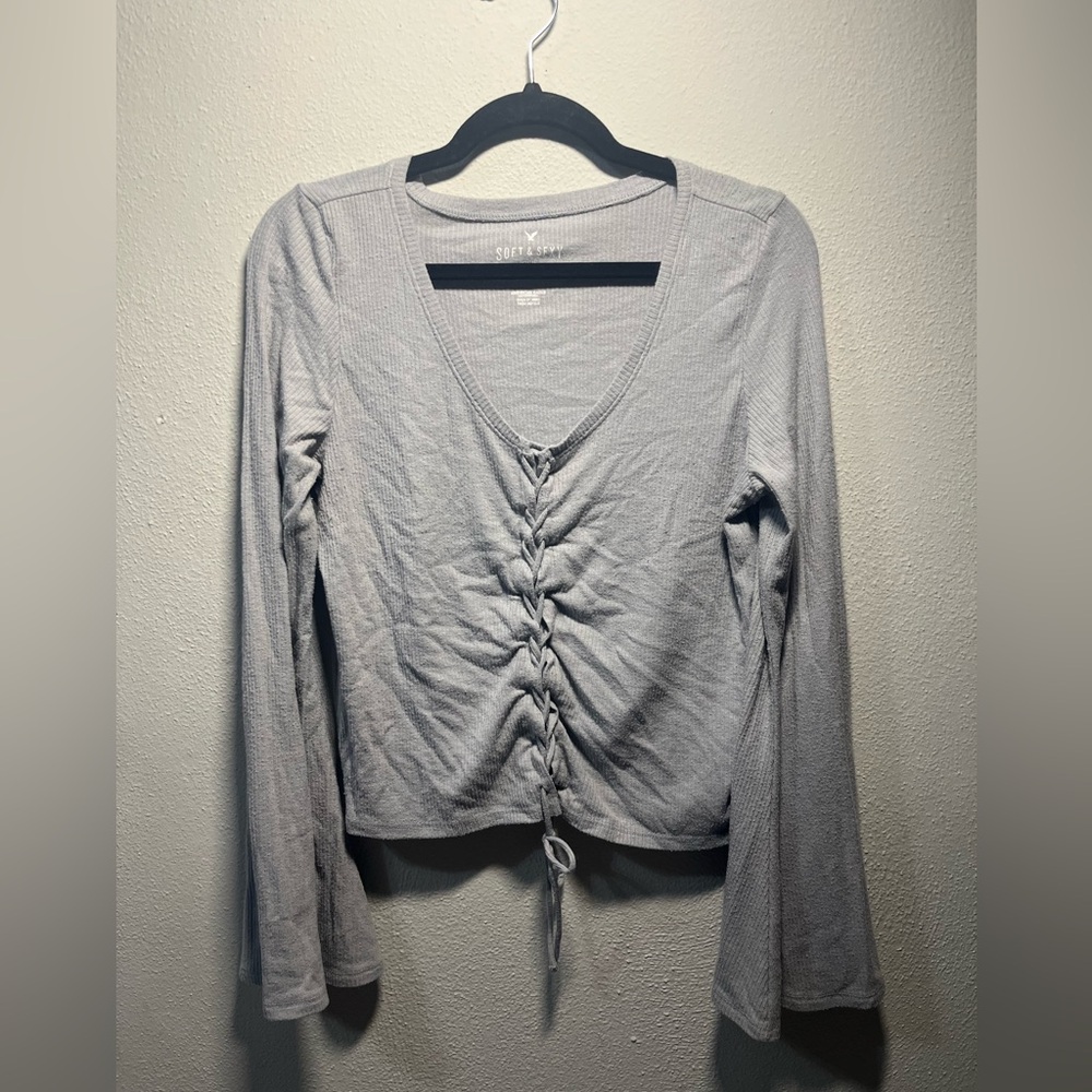 American Eagle Outfitters Light Gray Ruched Blouse